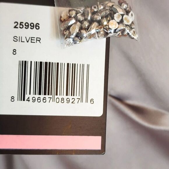 NWT La Femme 25996 Off the Shoulder Beaded Satin Trumpet Silver Gown Size 8 - Picture 8 of 16